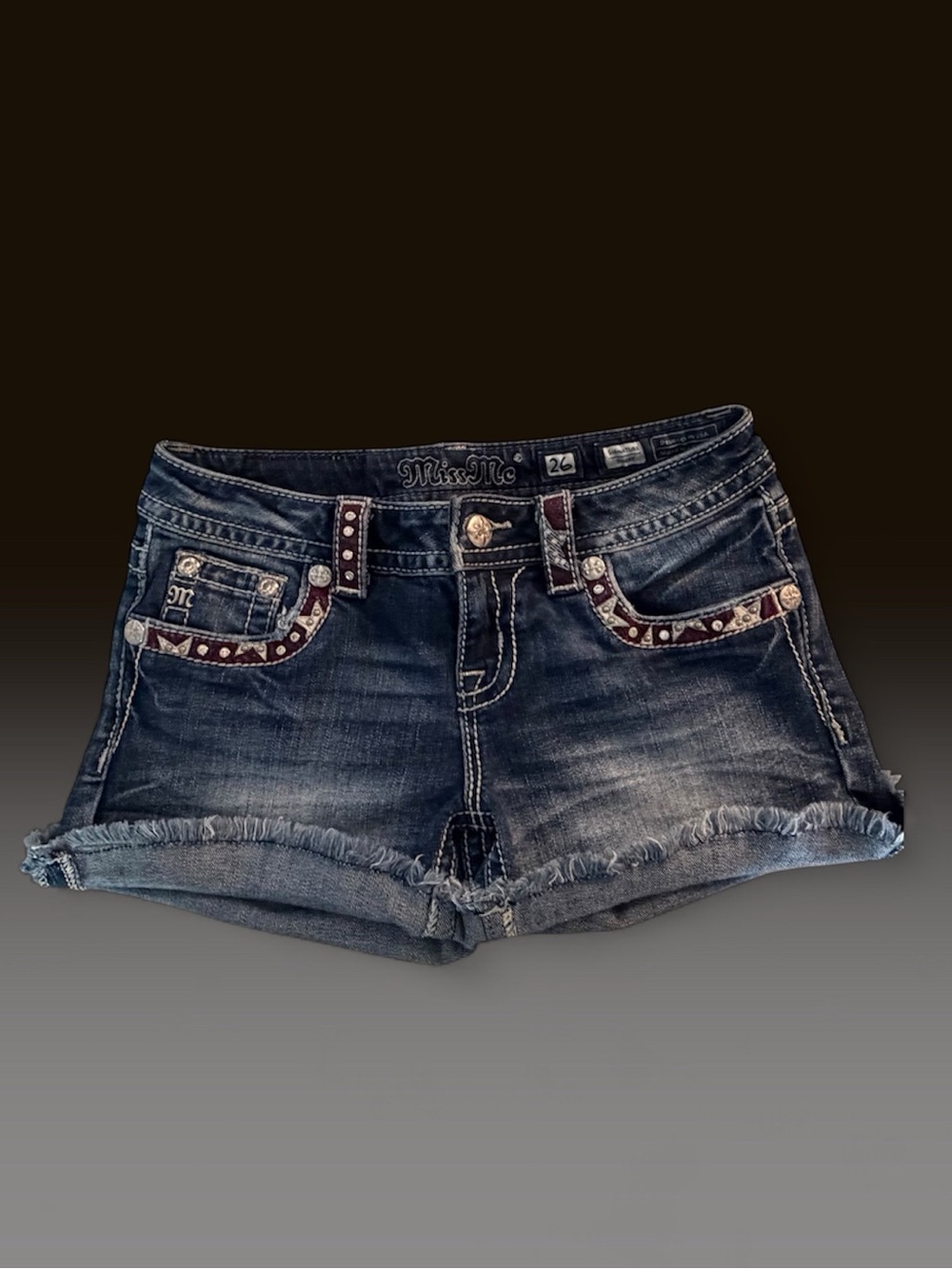 “MISS ME””Signature Dark Wash Denim Jean Shorts with Embellished Pockets - Blue